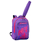 The Babolat Kids Badminton Backpack in a vibrant purple, ideal for carrying training gear, prominently features a racket handle protruding from the top. This backpack includes a zippered main compartment, a smaller front pocket adorned with red graffiti-style text, and adjustable shoulder straps for added comfort.