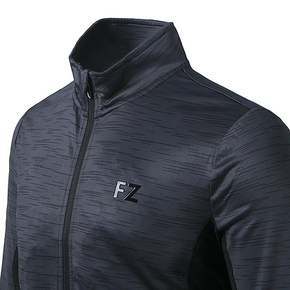 The FZ Forza Savoy Women's Badminton Jacket in black features a high collar with a subtle stripe pattern. Designed with a front zipper and the "FZ" logo on the chest, this stretchable jacket combines comfort and style perfectly.