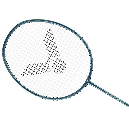 The Victor Thruster K66 Badminton Racket - Blue, by Victor, is a lightweight racket with a blue frame and white strings. It incorporates advanced technologies to create a unique string pattern in the center resembling a stylized three-pronged blade, providing both stylish aesthetics and improved performance.
