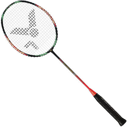 Introducing the Victor Jetspeed S 10 Q Badminton Racket by Victor, featuring a black handle and a striking red and black shaft. Crafted with Pyrofil Carbon Fibre for optimal lightweight handling, the racket's head boasts a multicolored lining with intersecting strings that form an intricate logo pattern.