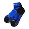 The Karakal X4 Men's Technical Ankle Badminton Socks in blue and black (UK7-UK13) are made from Cool Tec material and feature white text. These socks have small sole dots for grip, "RAKAL" on the cuff, and utilize shock-absorbing technology for comfort with a soft, stretchy fabric.