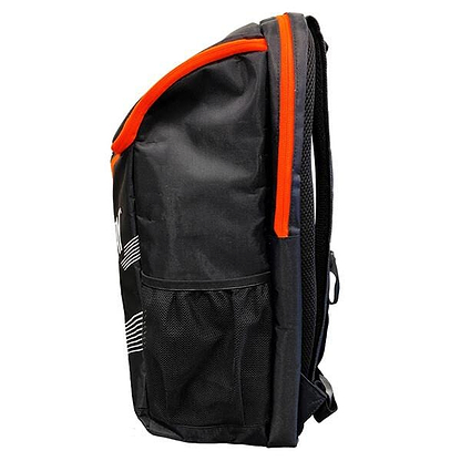 Side view of the Ashaway AHS 09 Haversack Badminton Backpack in black with lava orange accents. It includes a mesh side pocket and a zippered compartment, highlighting its sleek and modern design, along with a discreet racket holder.