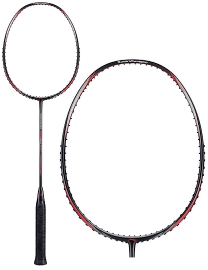 The Li-Ning Turbo Charging 20 Combat Badminton Racket in black and red boasts a sleek, modern design crafted with Ultra Carbon technology. The image highlights the full Li-Ning Turbo Charging framework, along with close-up details of the head and strings that emphasize its intricate string pattern.