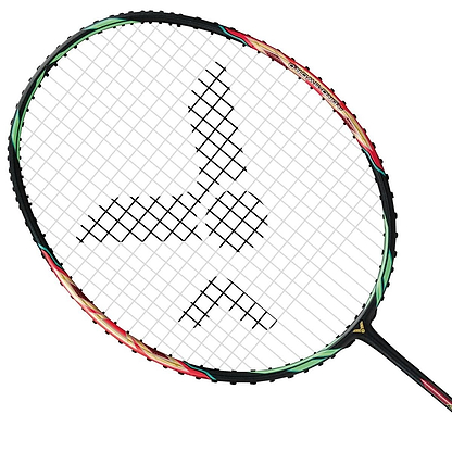 Close-up of the Victor Jetspeed S 10 Q Badminton Racket - Red Black, crafted with Pyrofil Carbon Fibre, featuring a colorful frame with red and green accents. The strings form a geometric pattern at the center, enhancing lightweight handling. Positioned diagonally on a white background, it showcases the precision of Aero-Sword technology by Victor.