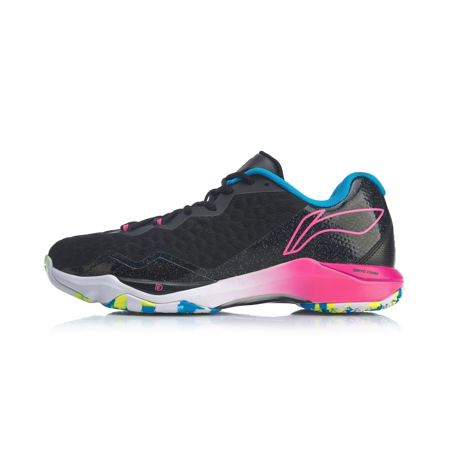 The Li-Ning Dagger II SE Men's Badminton Shoes in Black/Pink are stylish athletic footwear, showcasing a sleek design with striking blue and pink accents. Designed for optimal performance on the badminton court, they feature a Drive Foam sole that boasts a vibrant pattern in yellow, blue, and pink. The bold logo on the side adds to their lightweight appearance and performance-ready design.