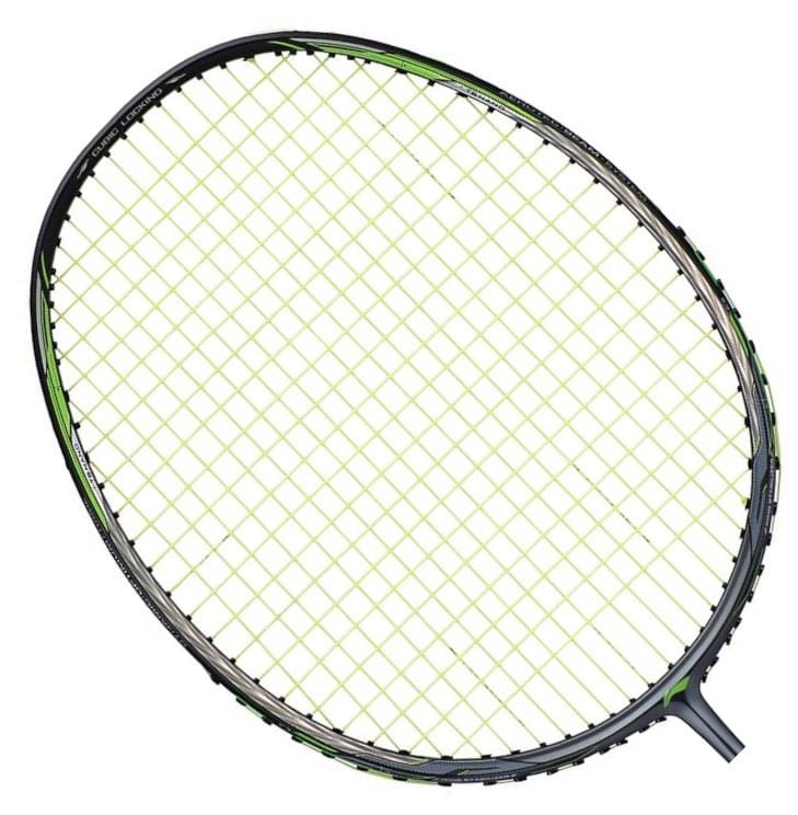 A detailed close-up image of the Li-Ning 3D Calibar 900 Combat Badminton Racket head showcases its sleek black frame and vibrant green strings, highlighted by cutting-edge 3D Calibar Technology, set against a white background.