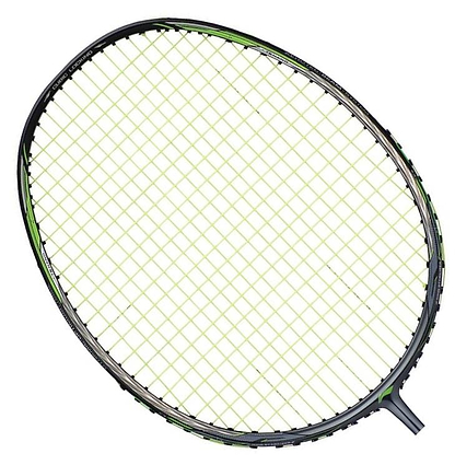 A detailed close-up image of the Li-Ning 3D Calibar 900 Combat Badminton Racket head showcases its sleek black frame and vibrant green strings, highlighted by cutting-edge 3D Calibar Technology, set against a white background.