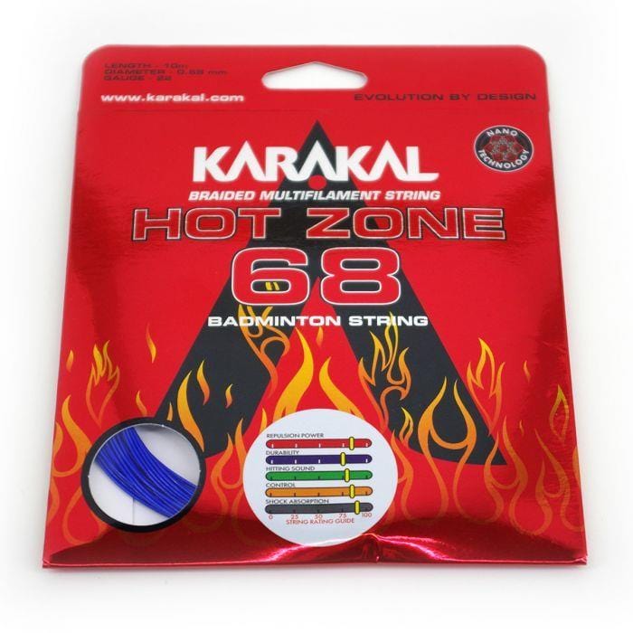 The Karakal Hot Zone 68 Badminton String, with its vibrant red packaging, features an energetic flame design and a small window displaying the ultra-thin blue string. The package emphasizes "Braided Multifilament String" and "Nano Technology.