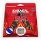 The Karakal Hot Zone 68 Badminton String, with its vibrant red packaging, features an energetic flame design and a small window displaying the ultra-thin blue string. The package emphasizes "Braided Multifilament String" and "Nano Technology.