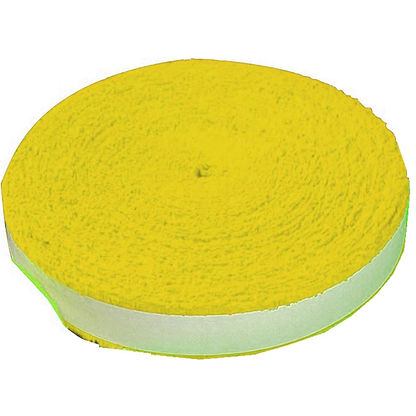 A Victor Towel Badminton Racket Grip - Reel - Yellow, known for its bright yellow hue and soft, sweat-absorbing texture similar to the original racket grip, showcases a white adhesive strip along one side and is neatly coiled into a compact circle against a simple white background.