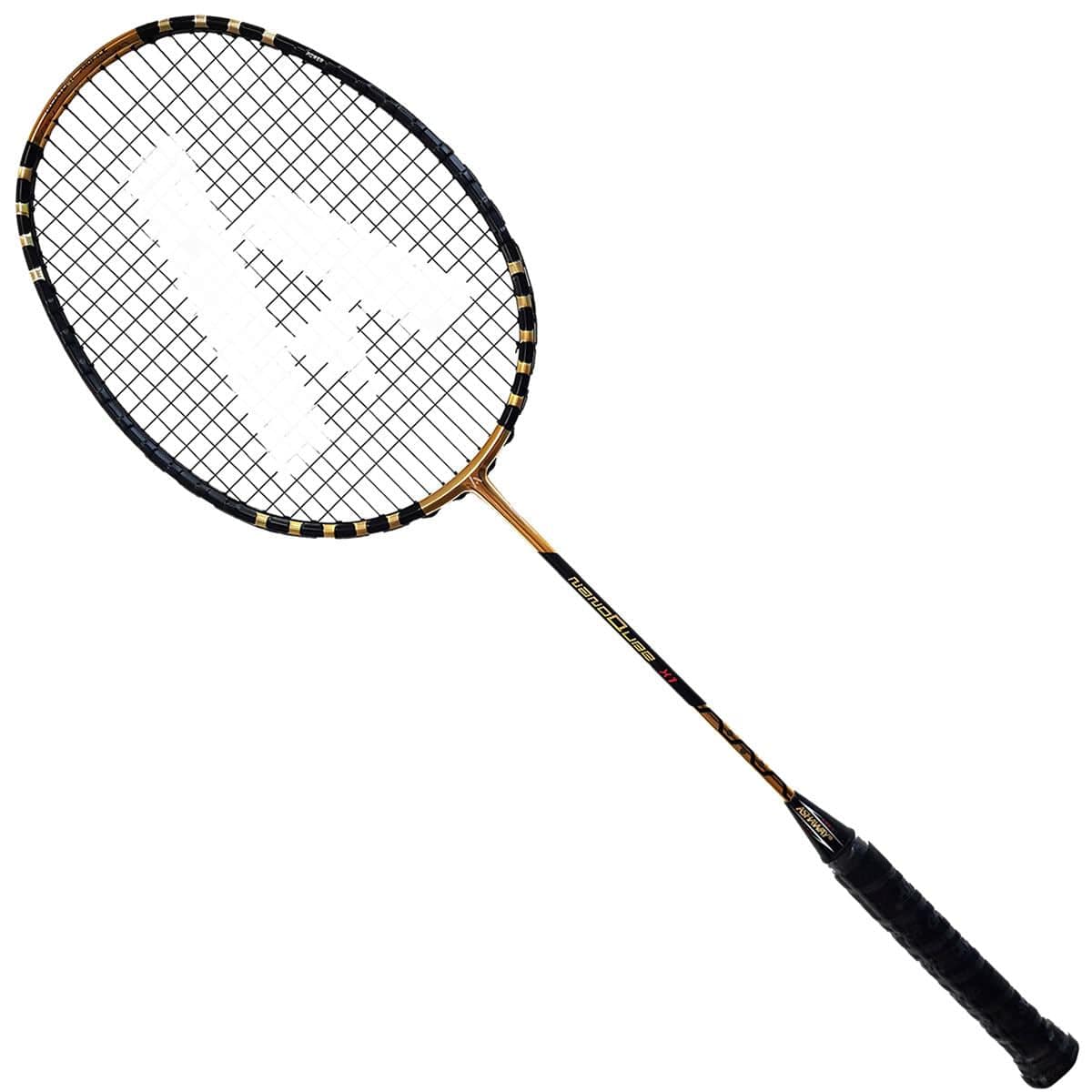 A badminton racket from the Ashaway Nanoqube X1 series featuring a white letter on it.
