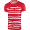 The Victor Badminton Shirt Denmark Unisex Red 6628 T-Shirt by Victor is crafted from functional material in a sporty red design, showcasing white horizontal stripes and a subtle logo near the collar. Inspired by the Danish national team, it includes white trim on both the sleeves and collar.