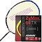 A badminton racket is displayed with a yellow and red string pattern, alongside a red and black package of Ashaway's Zymax 64 TX Badminton String in Yellow (0.64MM, 10m Packet). The packaging emphasizes the benefits of ZyWeave string technology, including textured coating and tension maintenance for optimal performance.