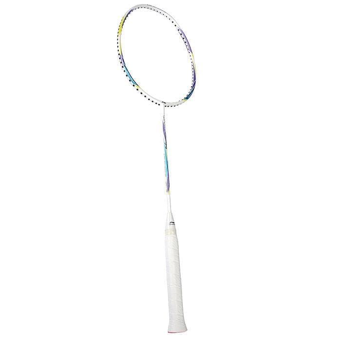 The Li-Ning Windstorm 74 Badminton Racket - White, crafted by Li-Ning, showcases a striking white grip and metallic frame against a simple background. Its tightly woven strings and sleek ultralight design with a Dynamic-Optimum Frame are engineered to deliver outstanding performance.