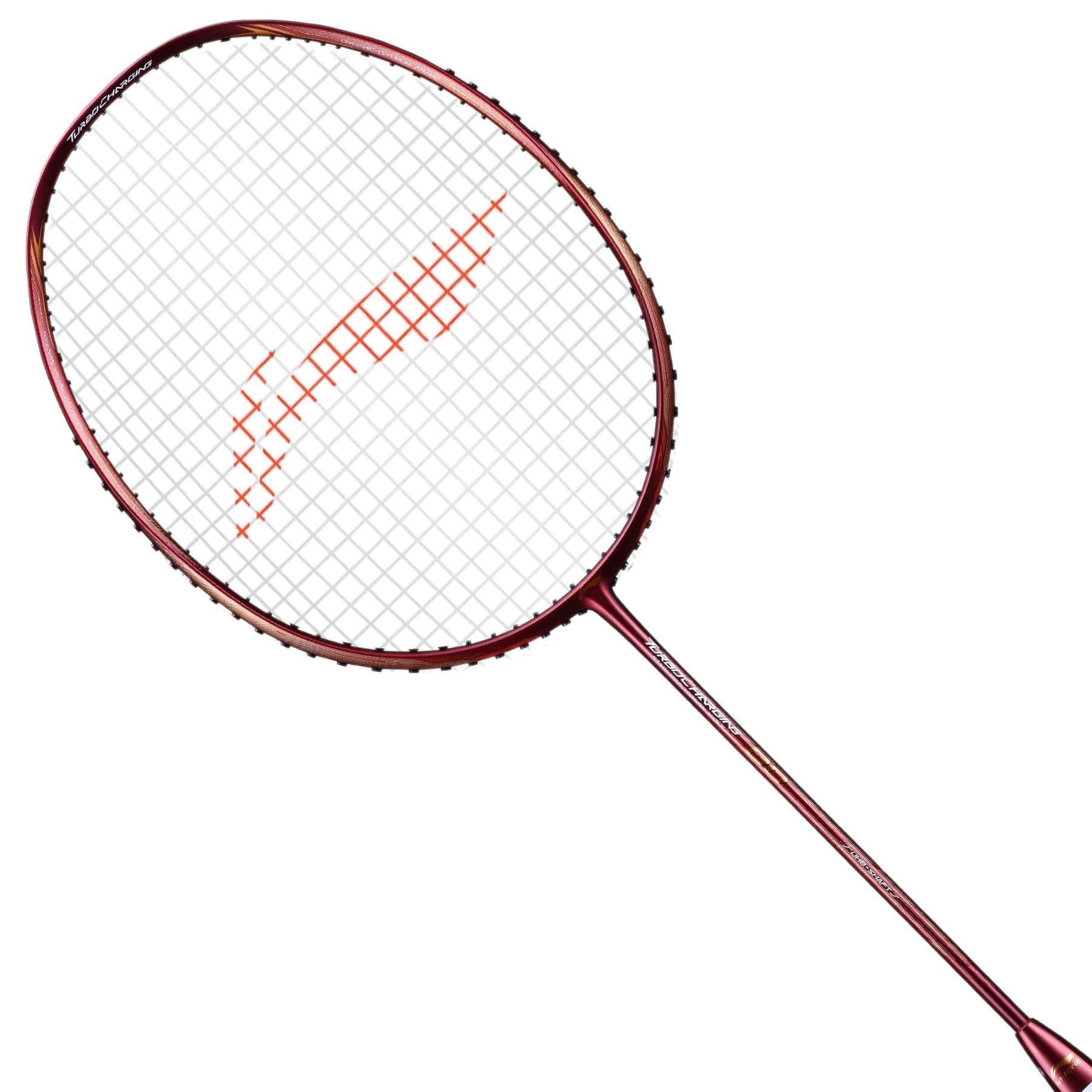 A Li-Ning Turbo Charging 80 Badminton Racket in red, featuring a white stringed head accentuated by a stylized red pattern on the strings, designed for optimal racket stability, set against a white background.