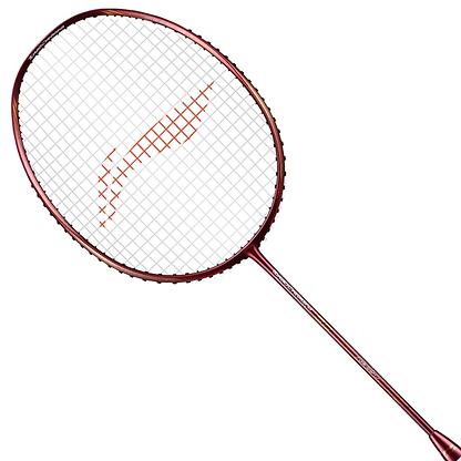 A Li-Ning Turbo Charging 80 Badminton Racket in red, featuring a white stringed head accentuated by a stylized red pattern on the strings, designed for optimal racket stability, set against a white background.