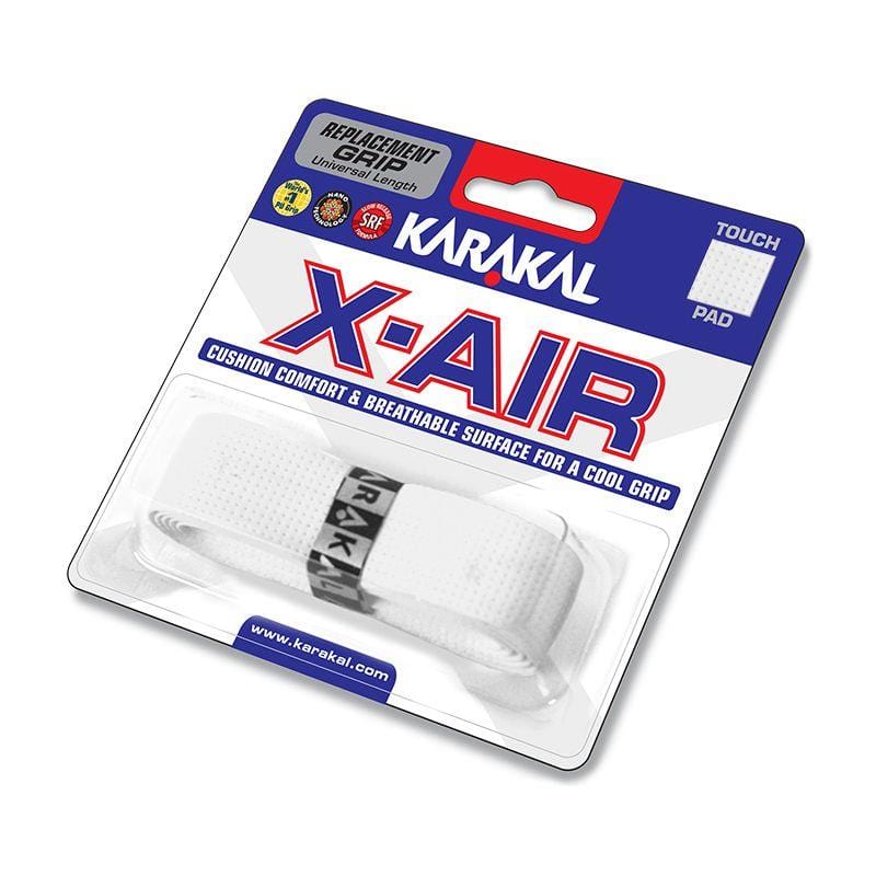 The packaging for the Karakal X-AIR Replacement Badminton Grip - White highlights a cushioned grip with a breathable, self-adhesive surface designed for superior comfort and control. The white grip is elegantly showcased in a clear plastic cover, with prominent Karakal branding and product details.