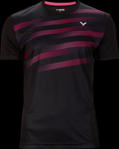 The Victor Team Line Unisex Badminton T-Shirt T-03101 C in black by Victor features pink diagonal stripes across the chest and shoulders, with a small logo near the neckline. Its moisture-wicking fabric makes it ideal for teamwear, ensuring comfort.