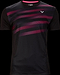 The Victor Team Line Unisex Badminton T-Shirt T-03101 C in black by Victor features pink diagonal stripes across the chest and shoulders, with a small logo near the neckline. Its moisture-wicking fabric makes it ideal for teamwear, ensuring comfort.