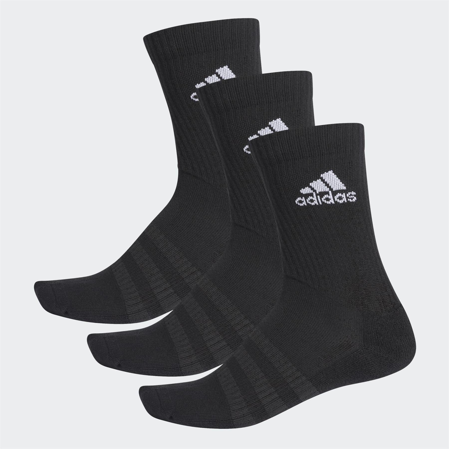 A pack of three pairs of black Adidas Cushion Crew Sports Socks, each showcasing the iconic white adidas logo on the ankle for an athletic appearance. These socks have ribbed tops for a comfortable and secure fit and are displayed against a light gray background.