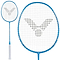 The Victor Auraspeed 2000M Badminton Racket - Blue, crafted by Victor, features a sleek blue design with a white handle and a stylish black patterned string on the head. Ideal for intermediate club players, it is displayed with a close-up of the head on the right side.