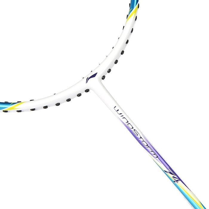 Close-up of a Li-Ning Windstorm 74 Badminton Racket in white, highlighted by vibrant blue and yellow accents. The shaft proudly displays "Li-Ning Windstorm 74," emphasizing its Dynamic-Optimum Frame for improved performance.