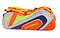 An orange and white sports bag, branded with "Li-Ning," made from durable polyester. This versatile Li-Ning National Team 6 Piece Racket Bag includes multiple zippers and compartments, along with a dedicated shoe section for convenient storage of your athletic gear.