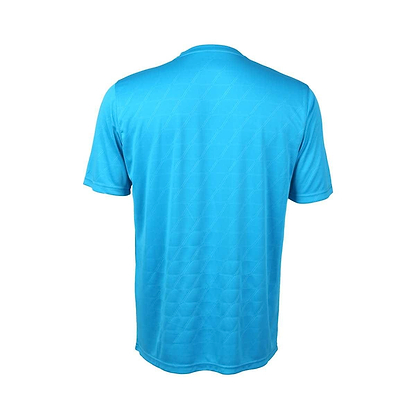 The FZ Forza Byron Blue Badminton T-Shirt, from the FZ Forza brand, features a sleek neckline and a delicate diamond pattern on the back of its short sleeves. It's made from lightweight material.
