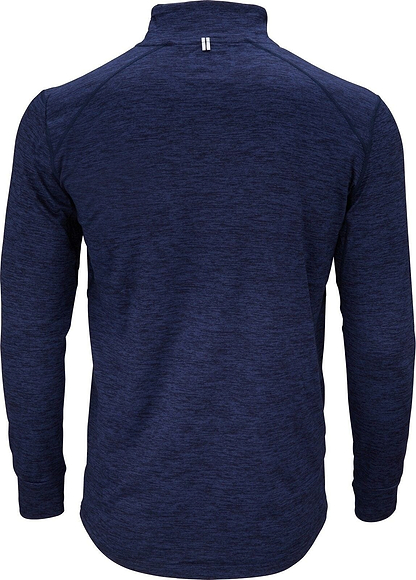 The image showcases the Victor Badminton Longsleeve Blue melánge 5929 Top, an athletic jacket by Victor. It is designed with a lightweight fabric in a navy blue hue featuring a subtle heathered texture. From the back, you can see it has a high collar and visible seam lines, accented by a small white Victor logo near the top of the collar.