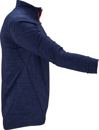 Side view of the Victor Badminton Longsleeve Blue melánge 5929 Top by Victor, showcasing its lightweight fabric and spandex fibers. It features a raised collar and slightly heathered texture, with visible seam lines enhancing the extended arm pose against a white background.
