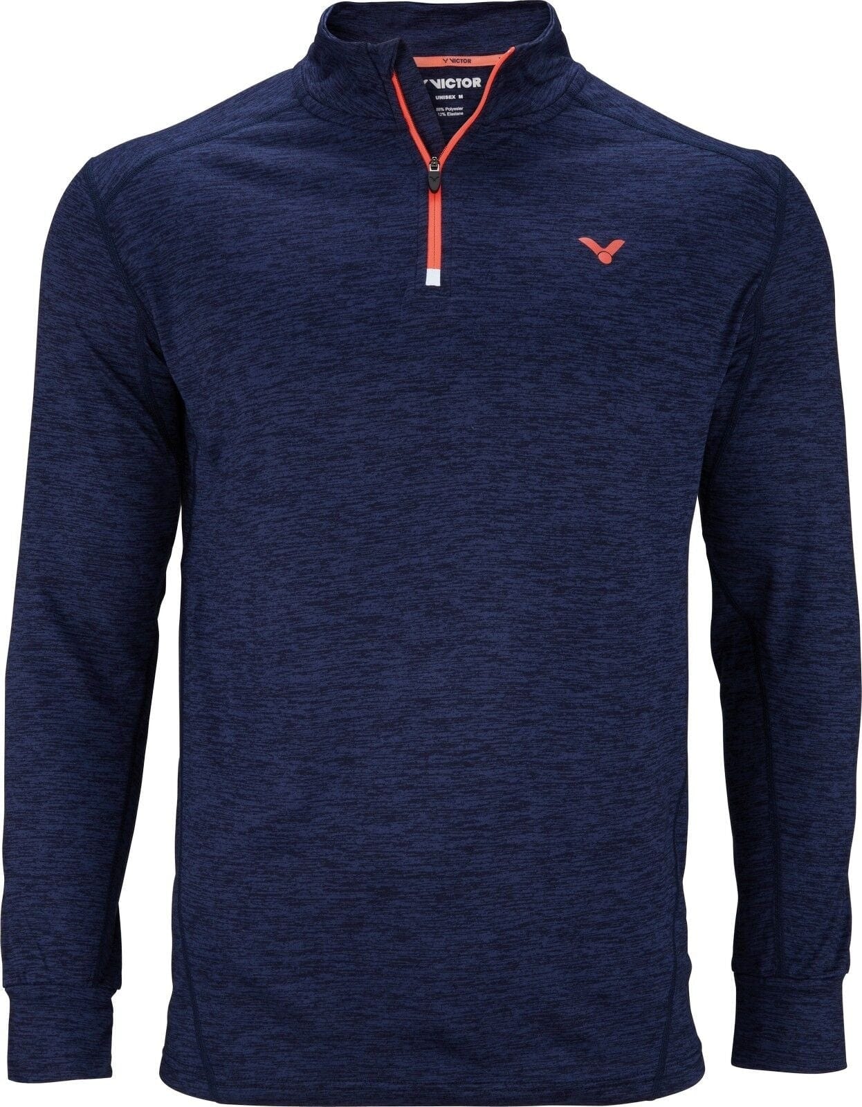 Introducing the Victor Badminton Longsleeve Blue mélangé 5929 Top by Victor. This men's quarter-zip pullover features a subtle red logo on the chest, complemented by a contrasting red-trimmed zipper. Made from lightweight fabric infused with spandex fibers, it sports a slightly heathered texture. Designed with long sleeves and a stand-up collar for added style.