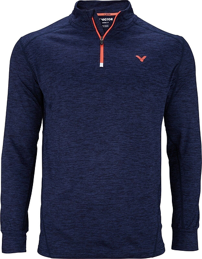 Introducing the Victor Badminton Longsleeve Blue mélangé 5929 Top by Victor. This men's quarter-zip pullover features a subtle red logo on the chest, complemented by a contrasting red-trimmed zipper. Made from lightweight fabric infused with spandex fibers, it sports a slightly heathered texture. Designed with long sleeves and a stand-up collar for added style.