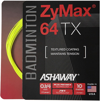 Image of the Ashaway Zymax 64 TX badminton strings packaging. The design features a partially visible bright yellow string with text emphasizing its characteristics: textured coating, 0.64 mm thickness, 10 meters length, crafted with Beta Polymer fibers and utilizing ZyWeave string technology, made in the USA.