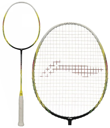 A close-up of the Li-Ning Windstorm 500 Badminton Racket, featuring a yellow and black frame with red strings, showcases power and speed. The racket is depicted from the side and front, highlighting its sleek design and string pattern, making it perfect for enhancing your game on the court.
