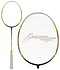 A close-up of the Li-Ning Windstorm 500 Badminton Racket, featuring a yellow and black frame with red strings, showcases power and speed. The racket is depicted from the side and front, highlighting its sleek design and string pattern, making it perfect for enhancing your game on the court.
