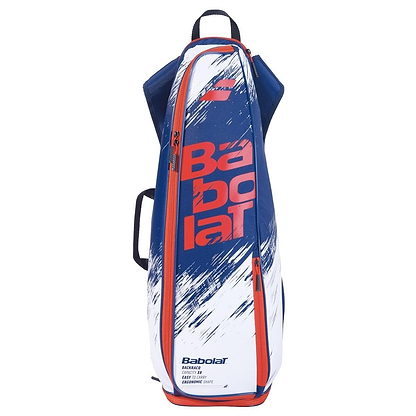 The Babolat Backracq Badminton Bag in navy blue and white prominently displays the brand's name. This functional bag includes multiple compartments, including a dedicated shoe compartment, and features a top handle for easy carrying.