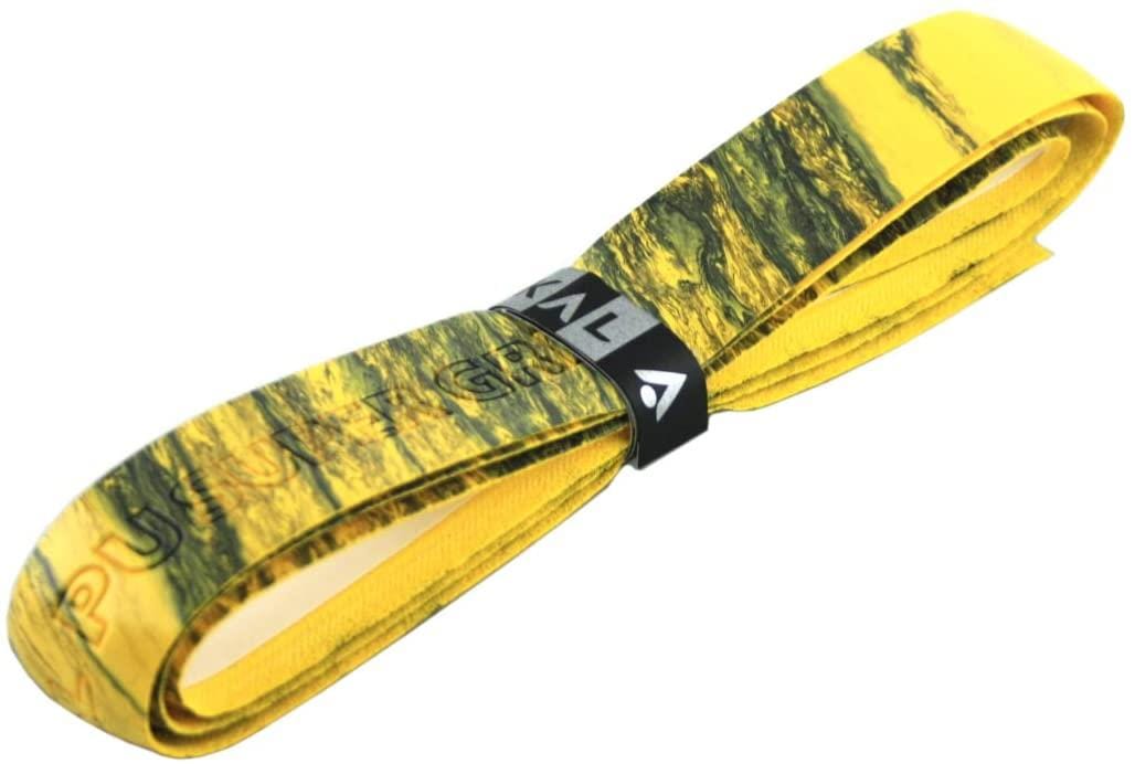 The Yellow Karakal PU Badminton Super Grip Marble Effect Single is a textured bicycle handlebar tape coiled and secured with a black band featuring the Karakal brand name and logo, boasting a super grip inspired by their expertise in racket sports.