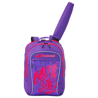 Introducing the Babolat Kids Badminton Backpack in Purple, a versatile option featuring a racket holder and eye-catching graffiti-style "BAD GIRL" lettering. Enhanced with red zippers and a sturdy construct, it is great training gear for young athletes.