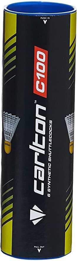 The Carlton C100 White Medium Badminton Nylon Shuttlecocks come in a tube of 6, featuring durable design and black packaging with yellow accents. Ideal for beginners, each tube prominently displays the Carlton brand name.