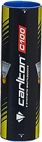 The Carlton C100 White Medium Badminton Nylon Shuttlecocks come in a tube of 6, featuring durable design and black packaging with yellow accents. Ideal for beginners, each tube prominently displays the Carlton brand name.
