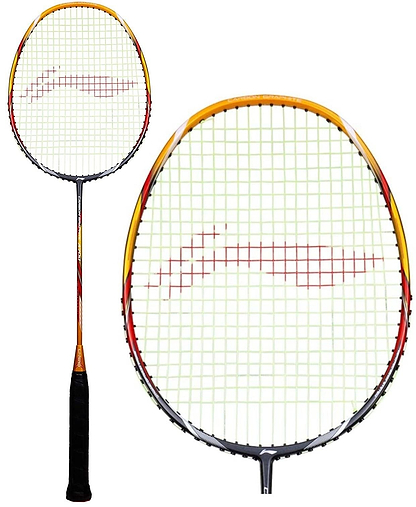 Introducing the Li-Ning Carbon Series A700 Badminton Racket: a stunning gold and black frame from our Carbon Series. The Dynamic-Optimum Frame elevates your performance, with strings forming a grid pattern accented by a red design. One image displays the entire racket, while another zooms in on the precise detailing of the racket's head.