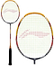 Introducing the Li-Ning Carbon Series A700 Badminton Racket: a stunning gold and black frame from our Carbon Series. The Dynamic-Optimum Frame elevates your performance, with strings forming a grid pattern accented by a red design. One image displays the entire racket, while another zooms in on the precise detailing of the racket's head.