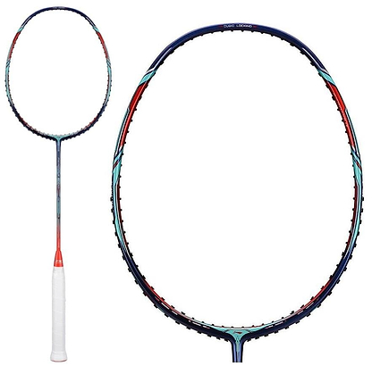 Close-up image of the Li-Ning Aeronaut 9000 Combat Badminton Racket showcasing its red and teal design on the aerodynamic frame. The handle, wrapped in white grip tape, enhances precision and control, making it perfect for fast-paced play against a simple white background.
