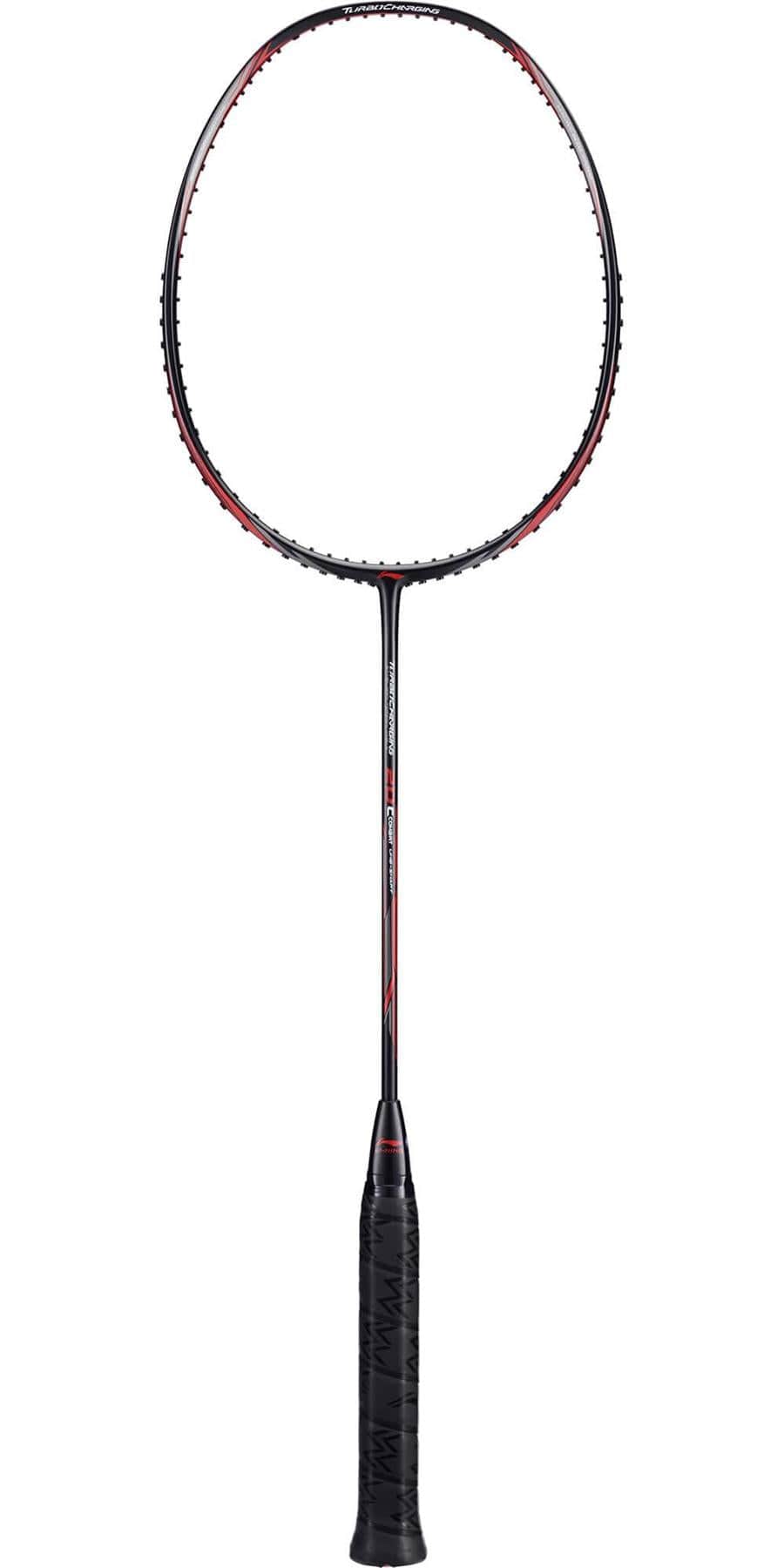 The Li-Ning Turbo Charging 20 Combat Badminton Racket boasts an ultra carbon thin frame and textured grip, elegantly showcased in black and red against a pristine white background.
