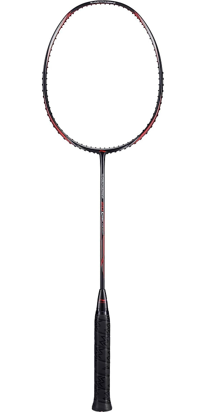 The Li-Ning Turbo Charging 20 Combat Badminton Racket boasts an ultra carbon thin frame and textured grip, elegantly showcased in black and red against a pristine white background.