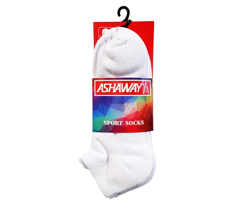 A 3-pack of white Ashaway Badminton Trainer Socks is shown in packaging with a red hook. The label highlights the Ashaway brand on a vibrant background, emphasizing comfort and performance for active use.