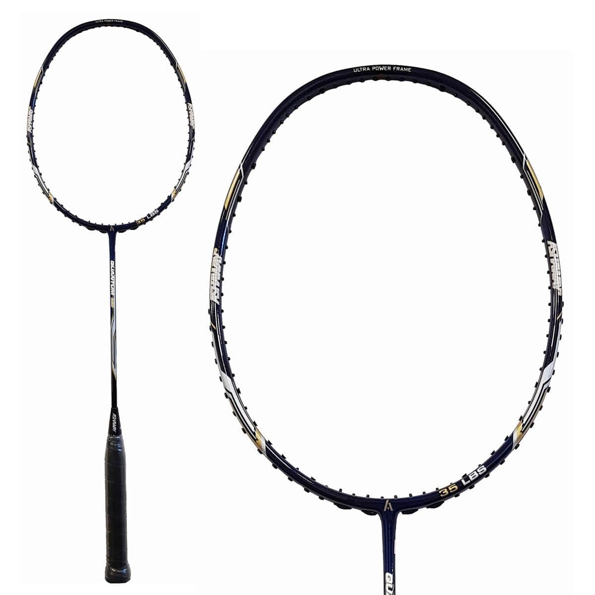 Close-up image of the Ashaway Quantum Q9 Badminton Racket in black and blue. The racket, featuring an ultra-power carbon graphite frame labeled with "ULTRA POWER FRAME," displays its string tension along the side. The racket is showcased against a plain white background.