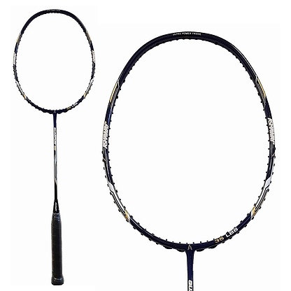 Close-up image of the Ashaway Quantum Q9 Badminton Racket in black and blue. The racket, featuring an ultra-power carbon graphite frame labeled with "ULTRA POWER FRAME," displays its string tension along the side. The racket is showcased against a plain white background.