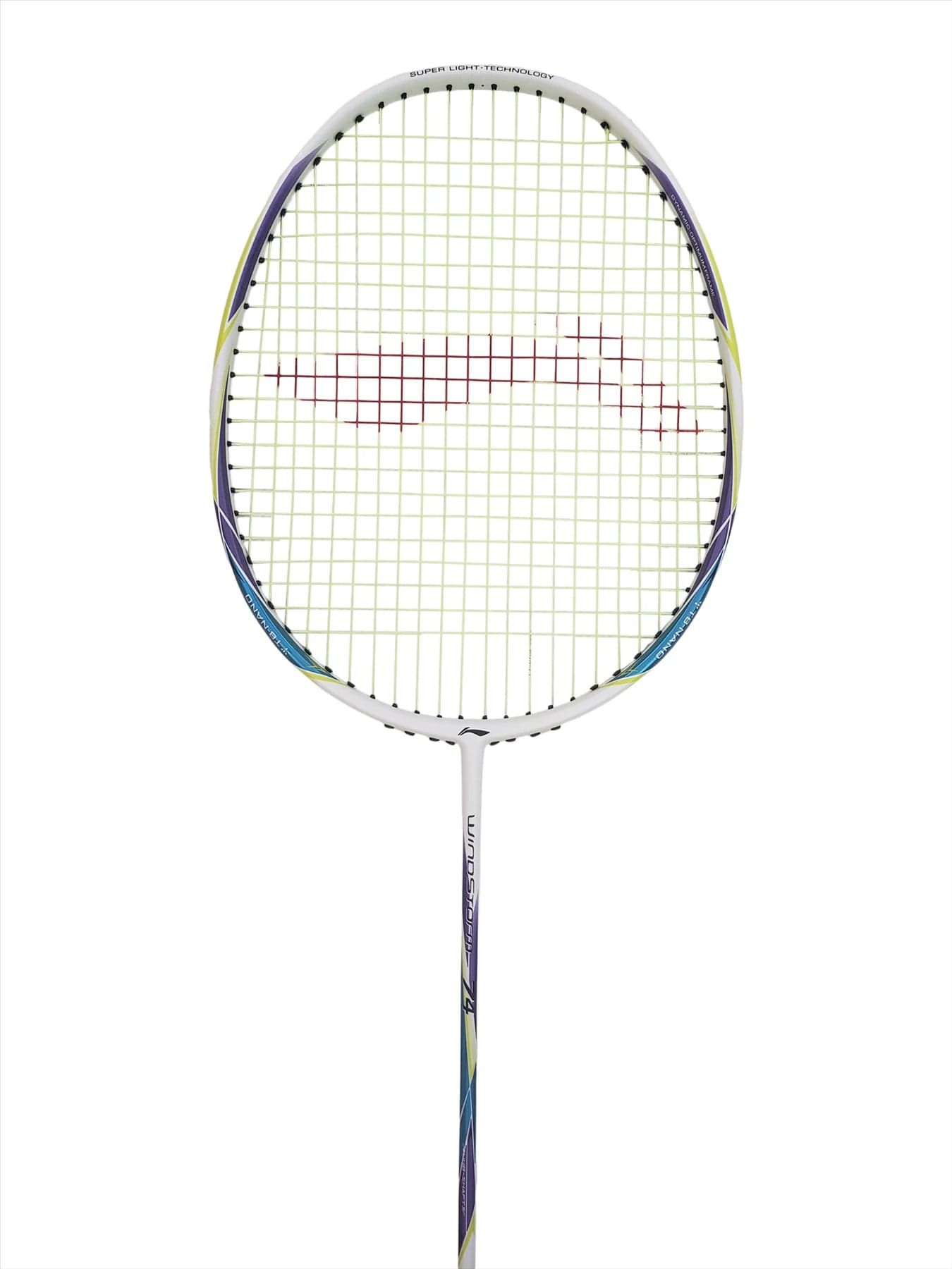 The Li-Ning Windstorm 74 Badminton Racket - White is an ultralight racket by Li-Ning, showcasing a vibrant handle design and equipped with a Dynamic-Optimum Frame. The strings create a subtle grid pattern, with varying shades that contrast beautifully against the serene white background.