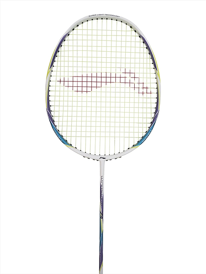 The Li-Ning Windstorm 74 Badminton Racket - White is an ultralight racket by Li-Ning, showcasing a vibrant handle design and equipped with a Dynamic-Optimum Frame. The strings create a subtle grid pattern, with varying shades that contrast beautifully against the serene white background.